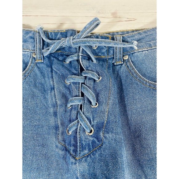 Forever21 Jean Skirt Size Medium Lace Up Tie Front Denim Festival Blue Cotton - Picture 6 of 7